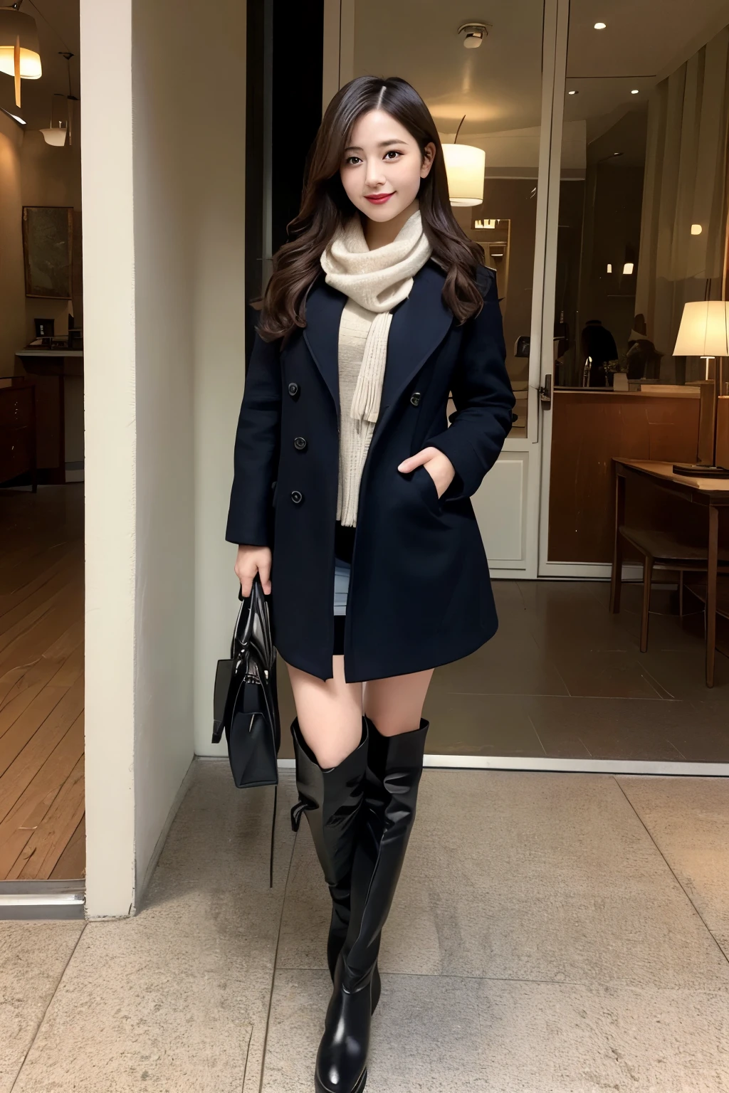 white cafe background、knee high boots:1.2、full body image:1.4、Before going out、smile、that'It's cold outside、Self snap、live action、22 years ago、The whole body is reflected:1.2、pieces fly, highest quality, figure, Super detailed, finely, High resolution, 8k wallpaper, 完璧なダイナミックな構figure, i am a photographer, she is a model, finelyて美しい目, wearing a coat、wearing a scarf、knit,long hair, big breasts, natural color lip, random sexy pose