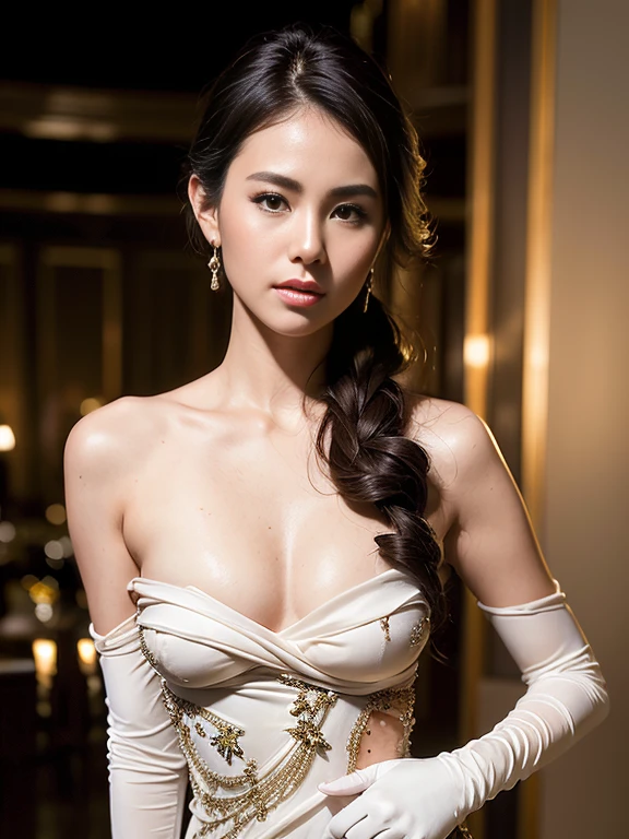 best quality, masterpiece, (photorealistic:1.4), 1girl, cowboy shot, luxury elegant bare shoulder  dress, dramatic lighting, hair over shoulders, white gloves, , luxury hall background, night, asian face, braid hair, small breasts