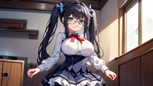 masterpiece,highest quality,wonderful,finely,High resolution,1 girl, big breasts,(frilled legwear:1.3), black hair, glasses, green eyes,twin tails,full body