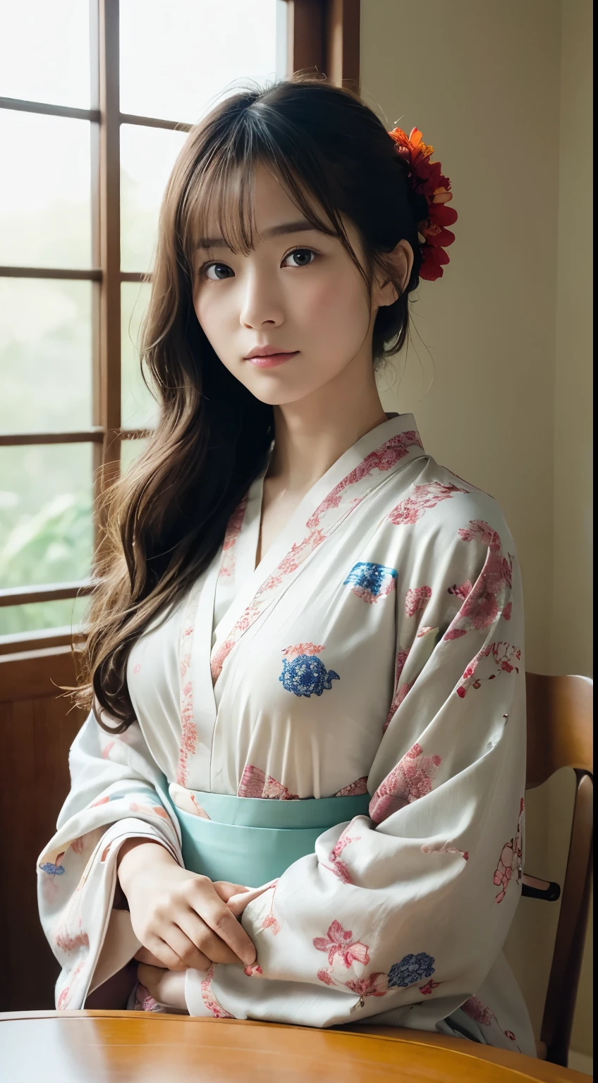 (Photoreal:1.4), (Top image quality:1.0), (超A high resolution:1.0), 8K, Raw photography, (masterpiece:0.2), (Pueros face_V1:0.5)、(最高quality Detail:1.2)、realistic、8k uh、High resolution、(1 girl:1.2)、超detailedな、High quality textures、intricate details、detailed、Very detailed CG、High quality shadows、detailed 美しく繊細な顔、Beautiful details and delicate eyes、Depth of the bounds written、ray tracing,1 girl, japanese girl, cute, thin, floral kimono,floral scrunchie, beautiful skin, facing the front,, stand upright「thank you」say,Make your hands look elegant,A faint smile on Japan's land,Japanese garden,luxurious Japanese room, sky porn, magic hour, (realistic:1.3), finely, quality, (table top:1.2), (realistic:1.2), (最高quality), (複雑なdetailed), dramatic, ray tracing, photograph, +roller