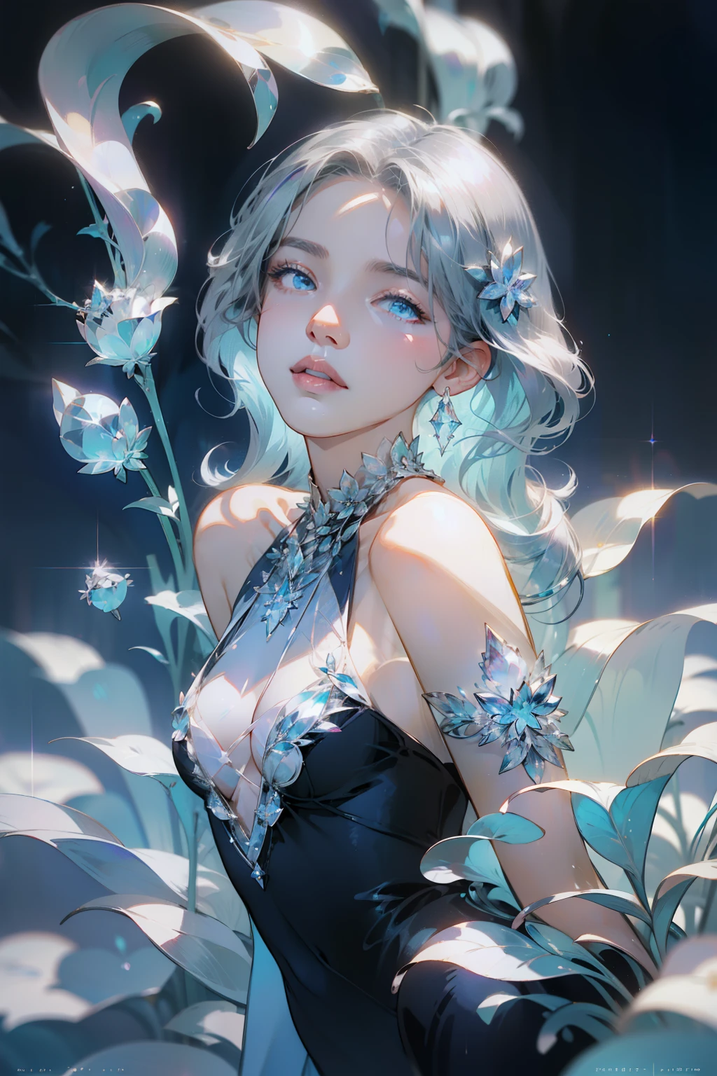 Hair covered with beautiful and delicate floral arrangements, Crystal jewelry filigree，jewelry，Super detailed details，beautiful noble girl，Gray hair elegantly tied up，(((silver)))，gold。blue and purple clear eyes，crystal，illusion