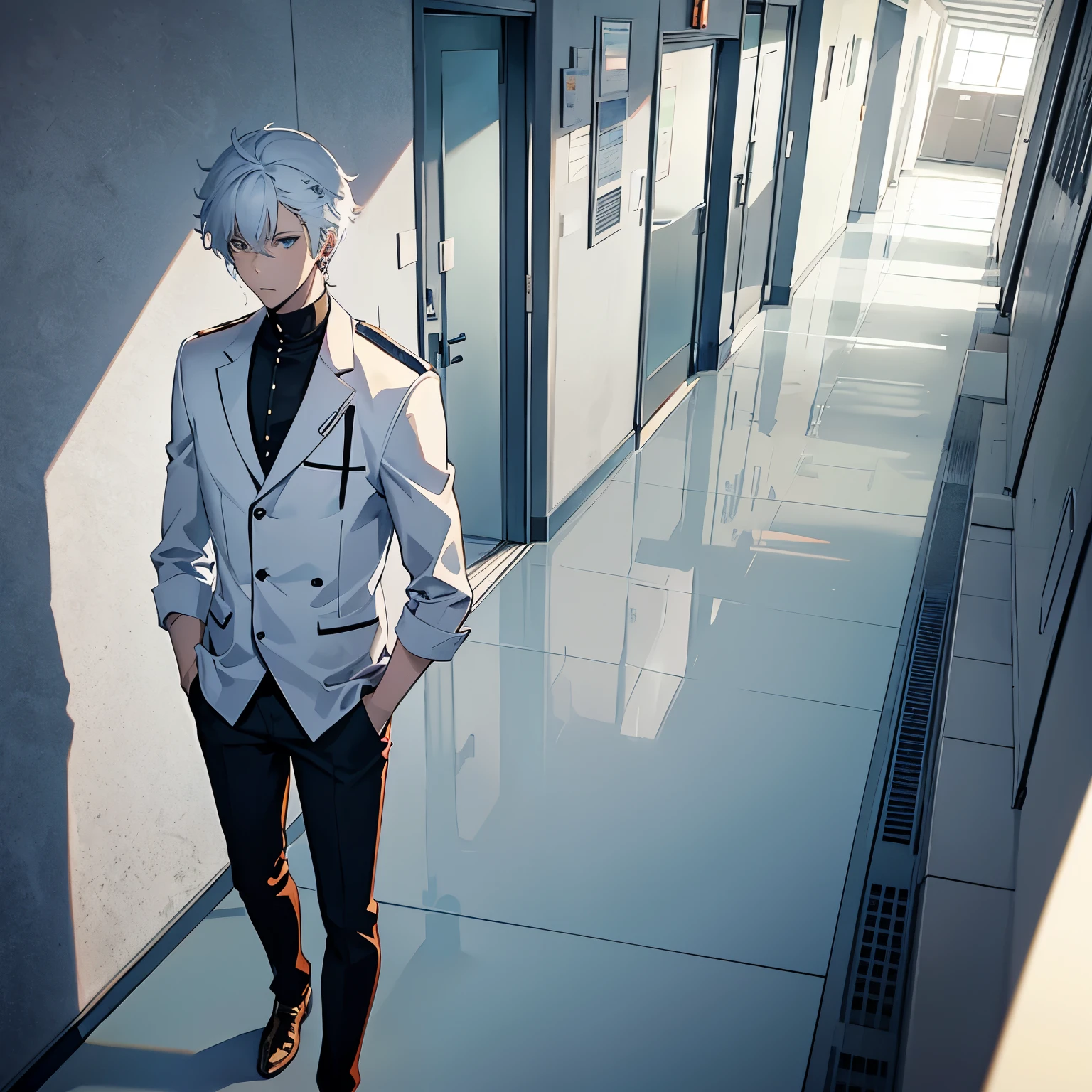 Anime boy with white hair,walking in the school hallway, hands in pockets 