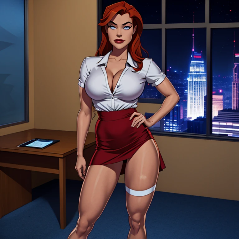 Very hot sexy girl ( most beautiful girl) (high quality) (orange red hair) blue eyes, open  white  shirt big breasts out, breasts, thigh socks, very sexy body, standing in office, full body in frame, Gotham view midnight from window 