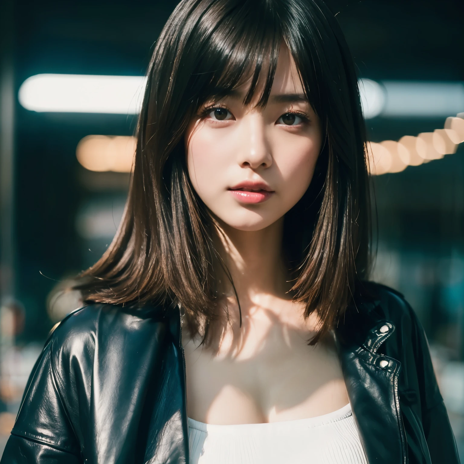 (Best Quality, Masterpiece, Ultra High Definition, High resolution, highly detailed, High Definition Face:1.5), (20-year-old woman:1.3), (full body photo:1.3), 1 beautiful woman, (Japanese Mixed Race Beautiful woman, beautiful eyes, light in the eyes:1.5), (beautiful woman wearing Beautiful woman wearing a leather jacket, Black leather:1.3), white skin, Glossy, shiny skin, very Fair skin, (film photography style, photo with strong shadows, City of night:1.2), Poker face, violently fluttering hair, random hair styles, random hair color, Slim Big Breasts, 