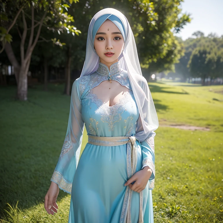 elegant 17 year old arabian girl in traditional kebaya, white skin, sharp nose, thin lips, round face, slender body, tight bra, voluptuous breasts, off shoulder, wearing hijab, arm sleeve, golden bangles, bracelets, necklaces, swiss polo watch, detailed squinting eyes, detailed face, seated near serene pond in burmese temple, capturing natural light with professional touch, focusing on exquisite cultural details and graceful posture, (best quality,4k,8k,highres,masterpiece:1.2),ultra-detailed,(realistic,photorealistic,photo-realistic:1.37),studio lighting,extreme detail description,vivid colors