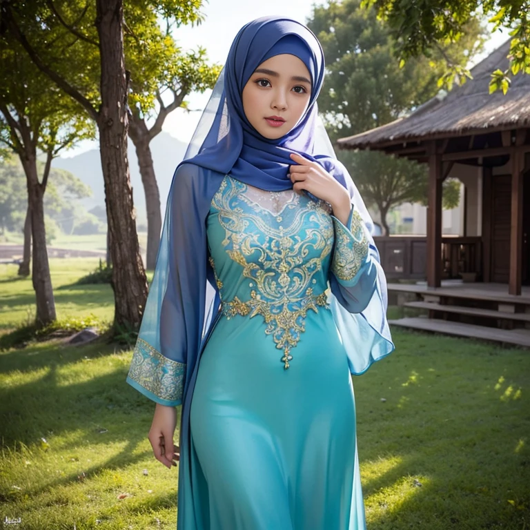 half body, beautiful muslimah girls, wearing traditional silk baju kurung, ultra-detailed, detailed faces, detailed skins, 8k masterpieces, cinematic lighting, firm push-up bosom, voluptuous bosom, slim and slender body, long hijab, eid mubarak, in malay village, in the meadow