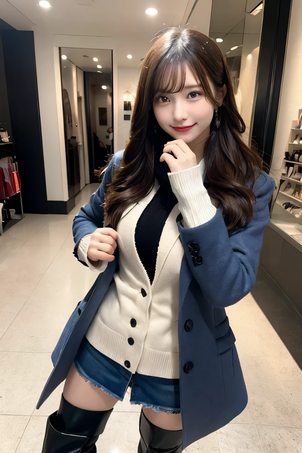 white cafe background、knee high boots:1.2、full body image:1.4、Before going out、smile、that'It's cold outside、Self snap、live action、22 years ago、The whole body is reflected:1.2、pieces fly, highest quality, figure, Super detailed, finely, High resolution, 8k wallpaper, 完璧なダイナミックな構figure, i am a photographer, she is a model, finelyて美しい目, wearing a coat、wearing a scarf、knit,long hair, big breasts, natural color lip, random sexy pose