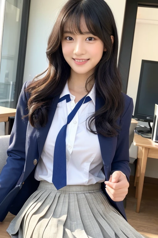 8K, highest quality, real image, intricate details, Super detailed, ultra high resolution, depth field,(realistic,realistic:1.2),table top , front shot , from the middle , 1 girl, eye_Chan, very beautiful girl, innocent big eyes,、beautiful breasts:1.5、非常に詳細なeye:1.2)、(beautiful breasts:1.1)、wavy hair、white teeth、black hair、curly hair、bangs、, perfect skin, Fair skin, huge breasts, She caresses her breasts over her clothes.、smile、laughter、cleavage, tight waist, light blush, alone, looking at the viewer, ((School_uniform),(dark blue blazer), (white shirt、wear a tie), (gray pleated skirt), (sculpture installation :1.1)