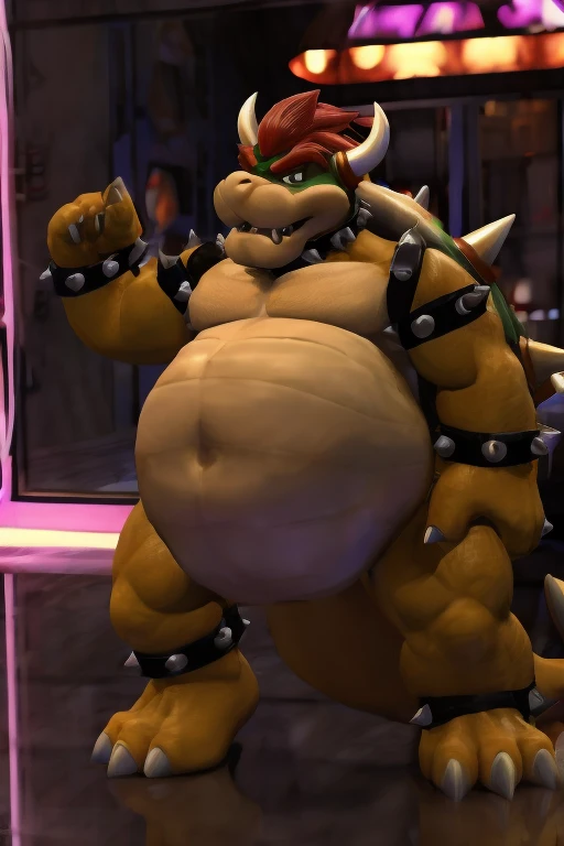 Bowser,in Rendering 3D modeling style, vore belly large tails inside moves internal see full