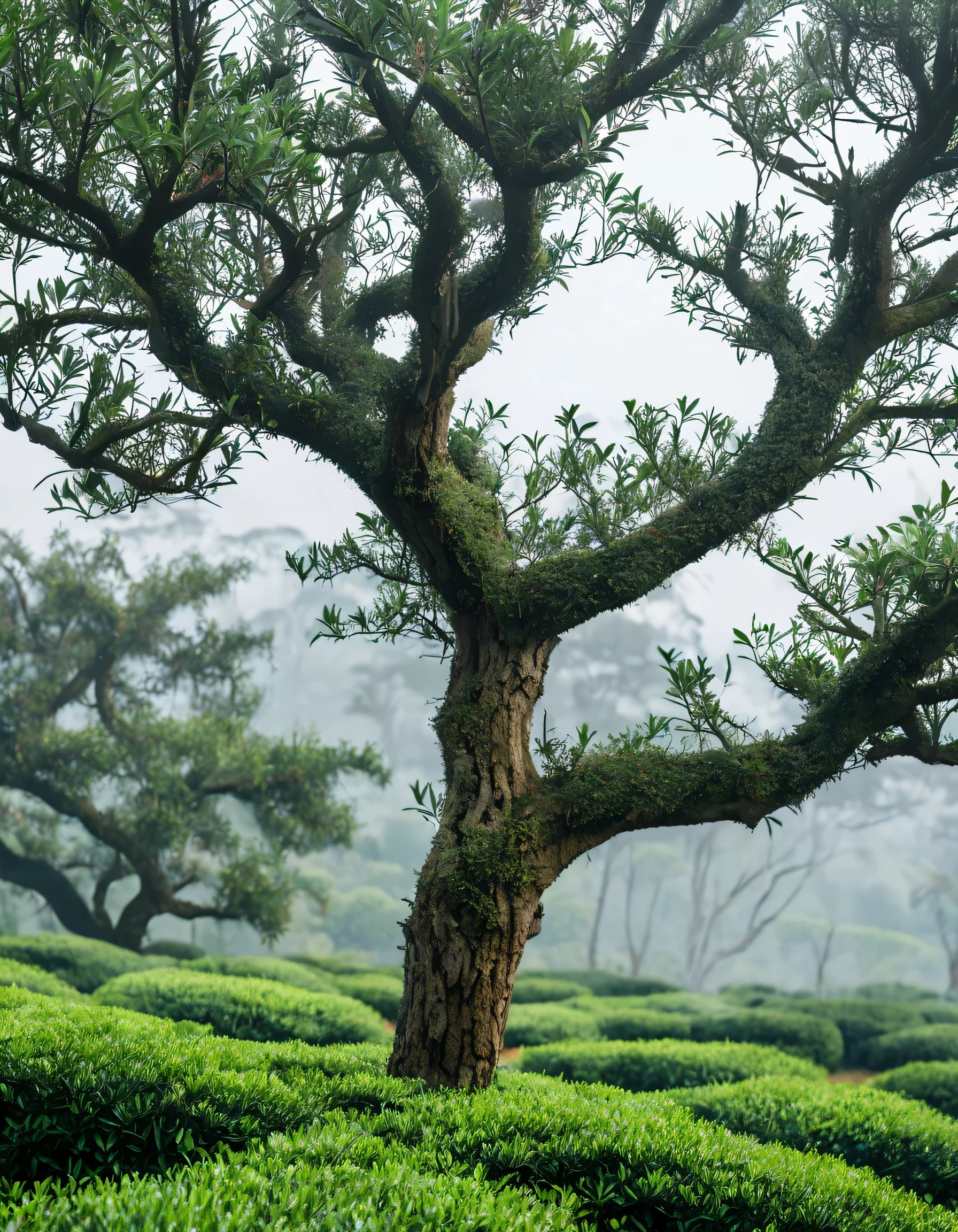 tea tree in the morning,A misty garden in the background, peaceful,In the tea plantation,close up,old tree