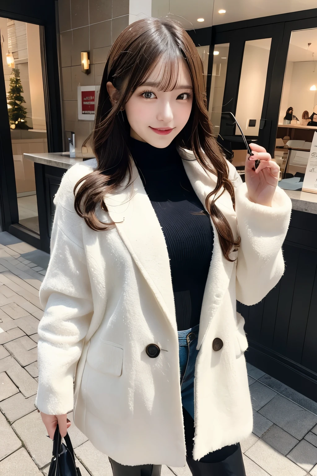 white cafe background、knee high boots:1.2、full body image:1.4、Before going out、smile、that&#39;It&#39;s cold outside、Self snap、live action、22 years ago、The whole body is reflected:1.2、pieces fly, highest quality, figure, Super detailed, finely, High resolution, 8k wallpaper, 完璧なダイナミックな構figure, i am a photographer, she is a model, finelyて美しい目, wearing a coat、wearing a scarf、knit,long hair, big breasts, natural color lip, random sexy pose