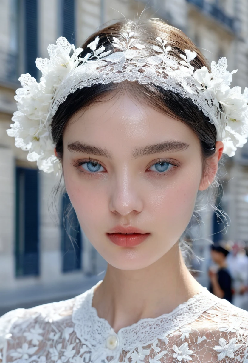 (((Masterpiece))),(top quality)),(((super detail)))、paris collection、fashion week、street snap、A model wearing a headpiece decorated with white lace flowers、plump lips、blue gray eyes、small nose、fashionable、She wore a loose, light white lace summer dress,delicate、transparent、Her skin is as white as porcelain、she is gently lit. background is blurry、fabric art、art station、impressive、White Tone、realistic、super realistic、