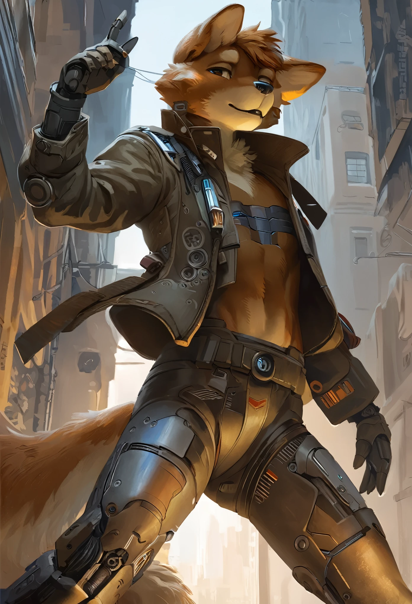 top quality, High-quality illustrations by Johannes Vermeer, masterpiece, Dark_Fantasy, Cyberpunk, steam punk(super handsome boy, single, kemono)Mechanical marvel, Robotic presence, Cybernetic guardian, wearing a worn-out mech suit, intricate(steel metal, rusty)(furry anthro:1.7)(Furry body, dog facial features, dog body features)elegant, clear focus, shot by greg rutkowski, soft lighting, vibrant colors, masterpiece((street))cowboy shot, dynamic pose,