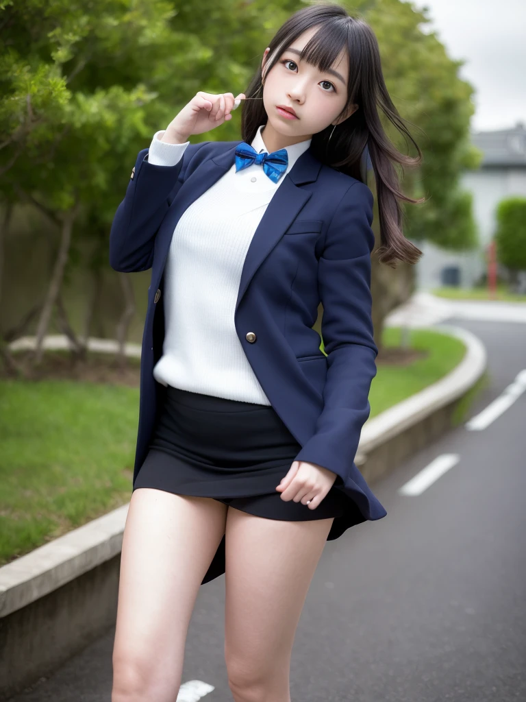 
(masterpiece, highest quality:1.4), award-winning portraits, 8K, 85mm, alone, beautiful face, delicate girl, , (dark navy blazer jacket), dark navy skirt, long sleeve, violaces, gardenia, grace, Sophisticated, cute, teen, looking at the viewer, 15 years old, Raw photo, disorganized, HDR, sharp focus, A bow tie, background bokeh、(((flat 、thin and delicate body、A childish atmosphere)))、Her shiny semi-long hair is tied up、hair swaying in the wind、Mole on the left cheek、large, round, dark blue eyes、full body、random pose、Run、sprinting、Skirt fluttering in the wind、Junior idol、Nogizaka Idol、widening skirt、jump、mole under eye、sexy