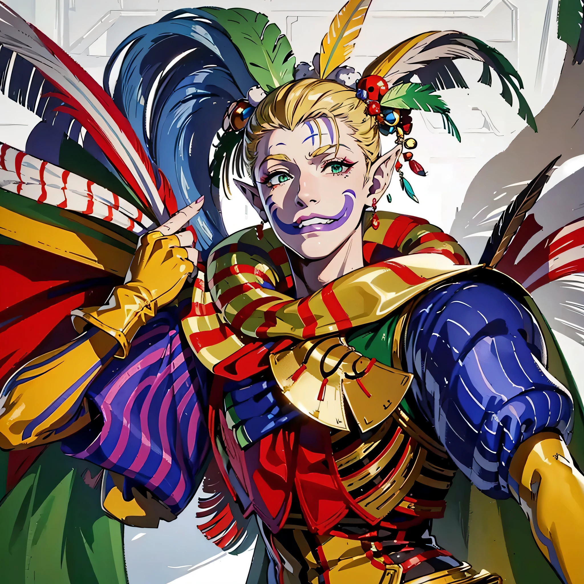 (masterpiece, best quality:1.2,simple background,white background),1boy,solo,kefka \(final fantasy\), blonde hair, jester, green eyes,facepaint, multicolored clothes, stiped collar, (cape:1.1), (feather hair ornament:1.3), hair ornament, earrings, purple lipstick, puffy sleeves, striped scarf, fingerless gloves, long nail, skipping, crazy, pointy ear, evil grin, white face, makeup, looking at viewer,Make it into an anime picture with natural colors、Closer to the anime picture、Do not change details or composition、The expression is a smile