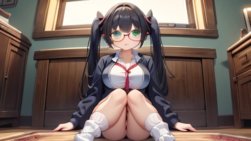 masterpiece,highest quality,wonderful,finely,High resolution,1 girl, big breasts,(loose socks:1.3), black hair, glasses, green eyes,twin tails,full body