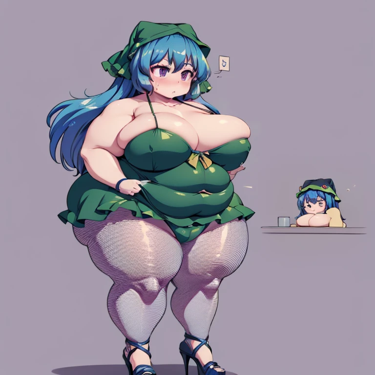 1girl, top-heavy figure, ((((incredibly big chest)))), ((((big tits)))), (((saggy chest))), pout, embarassed, shortstack, short woman, small height, mature, standing, full body, obese, fatty, out of shape, bbw, ssbbw, haniyasushin keiki(Touhou), blue hair , long hair, purple eyes, bikini, pantyhose, high heels