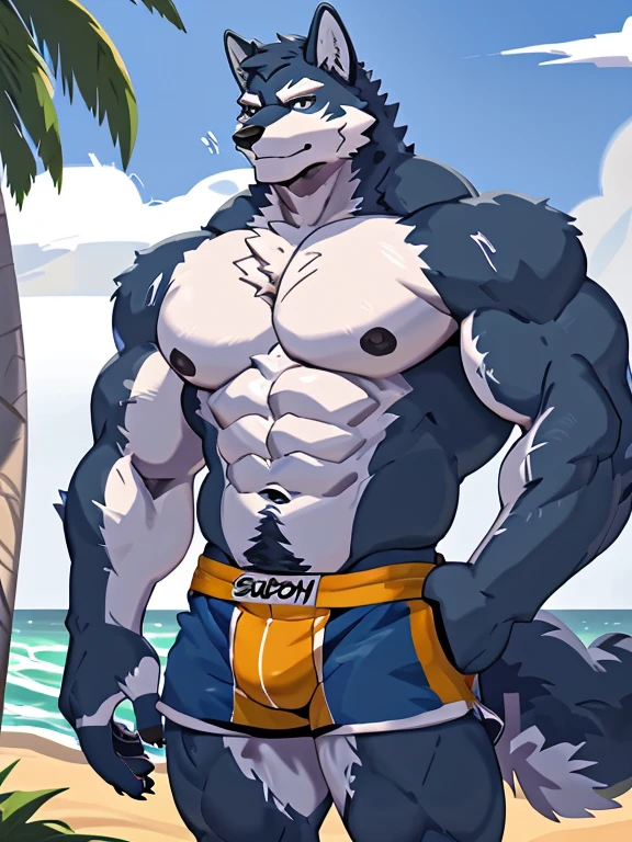 1 boy, solo, there is a blue wolf in a underwear, anthropology, wolf, hairy, blue and white fur, flex left arm muscles, korean muscle boy 2 , shirtless :: high detail, open v chest clothes, taken in 2 0 2 0, the super hot and sexy, the extremely hot and sexy, robust stocky body, 30 year old man :: athletic, taken in 2022, full scene shot ,selfie, beach, half body, flex muscle