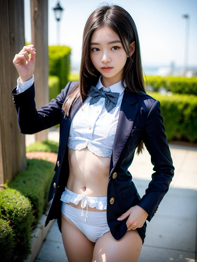 
(masterpiece, highest quality:1.4), award-winning portraits, 8K, 85mm, alone, beautiful face, delicate girl, , (dark navy blazer jacket), dark navy skirt, long sleeve, violaces, gardenia, grace, Sophisticated, cute, teen, looking at the viewer, 15 years old, Raw photo, disorganized, HDR, sharp focus, A bow tie, background bokeh、(((flat 、thin and delicate body、A childish atmosphere)))、Her shiny semi-long hair is tied up、hair swaying in the wind、Mole on the left cheek、large, round, dark blue eyes、full body、random pose、Run、sprinting、Skirt fluttering in the wind、Junior idol、Nogizaka Idol、widening skirt、jump、mole under eye、sexy、white underwear