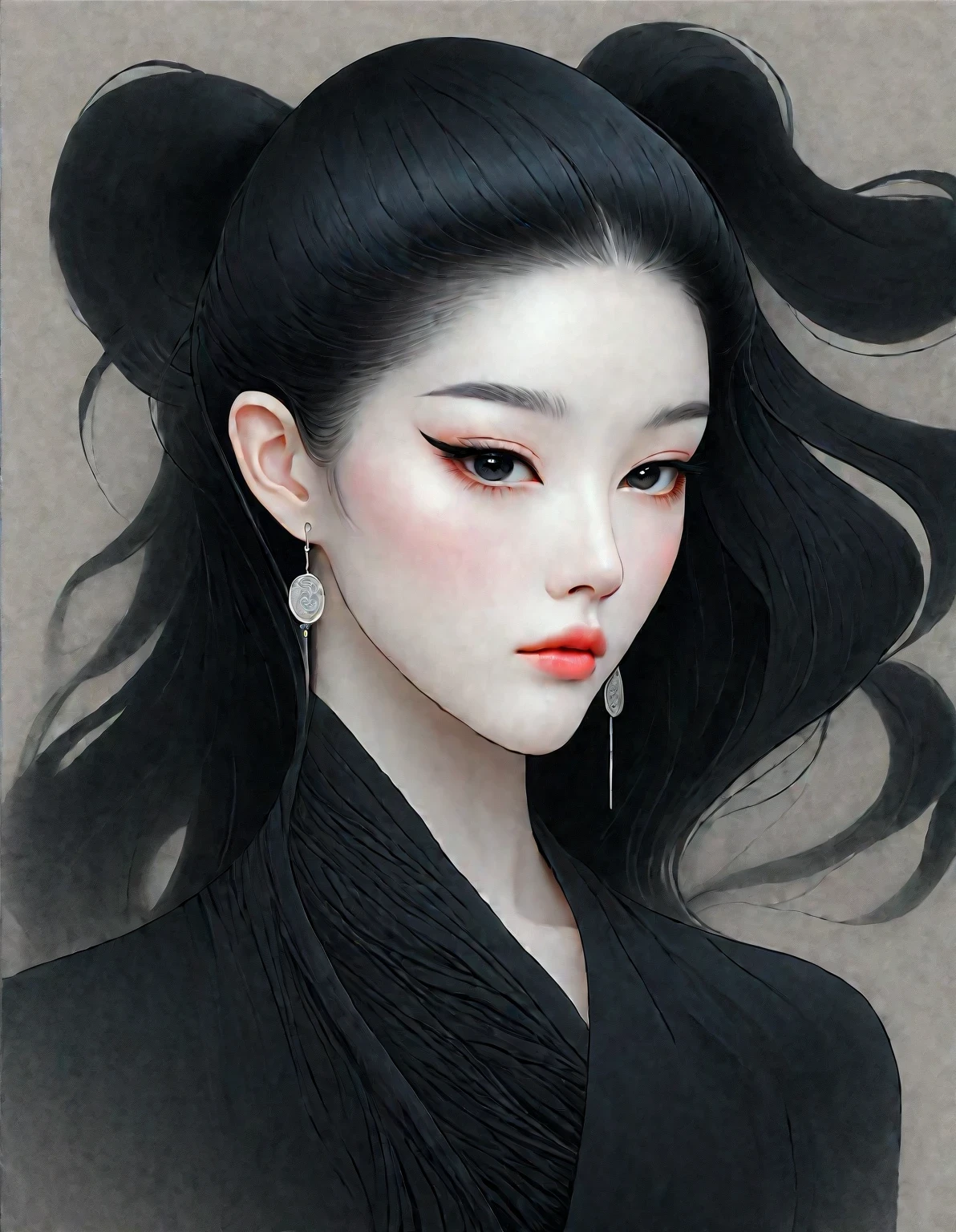 Close up of woman with tattoo on neck, long black hair，Black minimalist clothing，flowing hair，fair face，Foxy, slender, beautiful eyes，by Mei Qing, elegant digital art, A beautiful artistic illustration, author：Yang Jie, Beautiful digital illustrations, beautiful figure painting, 