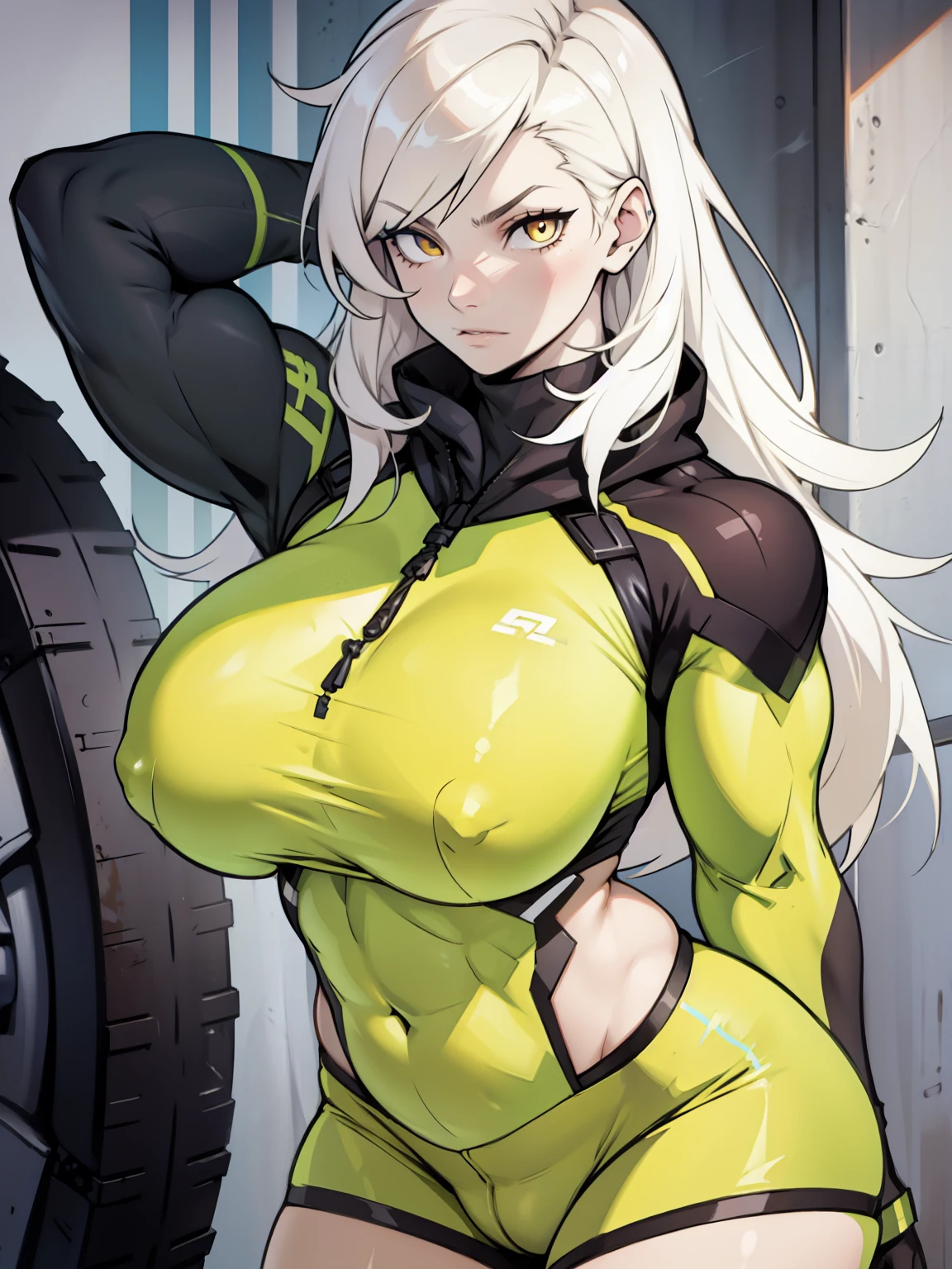 (1 girl muscular) yellow eyes large breasts pale skin skintight