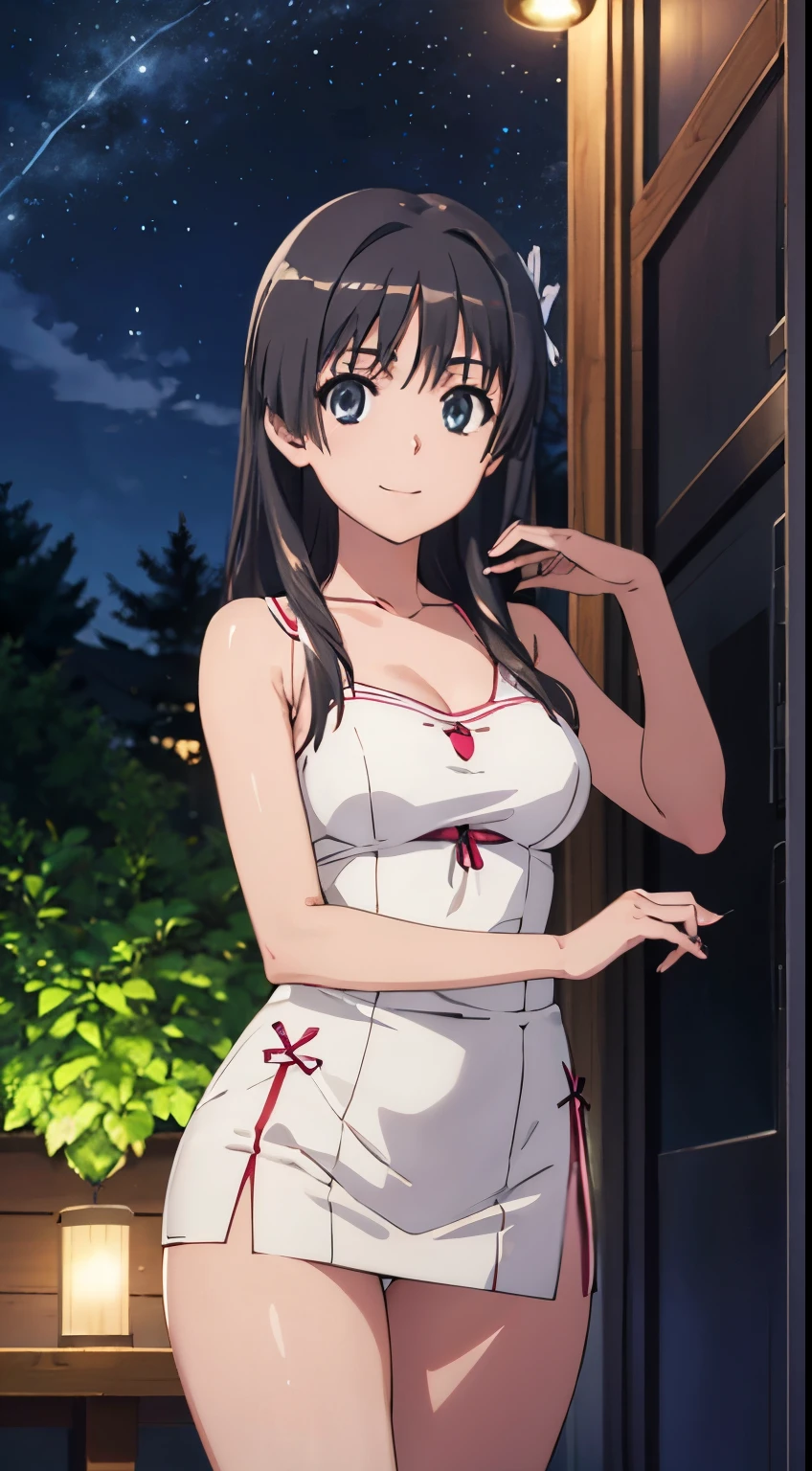 pixel perfect, Perfect in every detail, alone, 1 girl, Saten Ruiko, closed_mouth, night sky, forest, smile,stylish pose,stylish angle,looking at the viewer,in the center of the image,(beautiful_medium breasts:1.2), (beautiful_face:1.3),(beautiful_thighs:1.1),