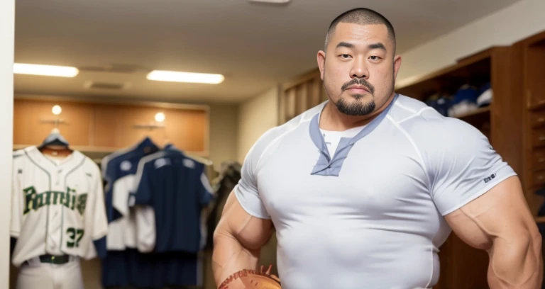 (wearing baseball uniform:1.4), (at club locker room:1.2), 40's, Japanese man, Chinese man, Korean man, Taiwanese man, manly face, fat face, (round face:1.4), (monolid eyes:1.2), (buzz cut:1.4), very large and strong body, bulky body, beefy muscles, (bulging muscles:1.4), (very large pectoral muscles:1.4), (muscular arms:1.4), muscular abs, muscular legs, muscular back, brightens oily skin, master piece, (realistic:1.4), panorama, distant view