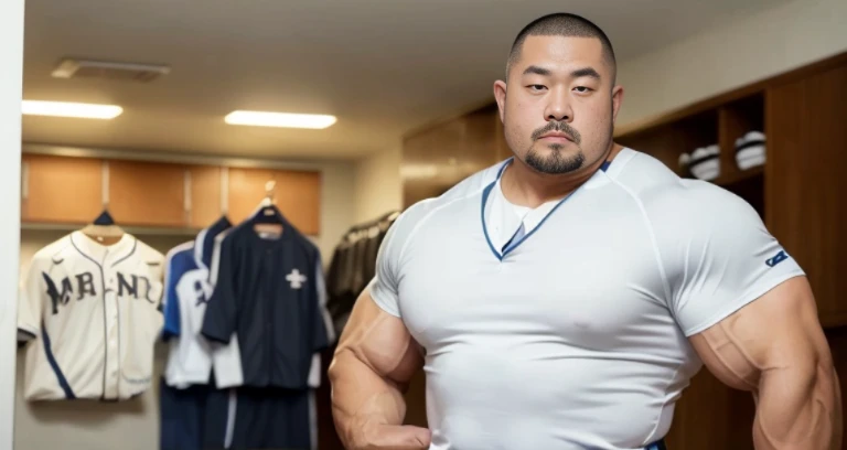 (wearing baseball uniform:1.4), (at club locker room:1.2), 40's, Japanese man, Chinese man, Korean man, Taiwanese man, manly face, fat face, (round face:1.4), (monolid eyes:1.2), (buzz cut:1.4), very large and strong body, bulky body, beefy muscles, (bulging muscles:1.4), (very large pectoral muscles:1.4), (muscular arms:1.4), muscular abs, muscular legs, muscular back, brightens oily skin, master piece, (realistic:1.4), panorama, distant view