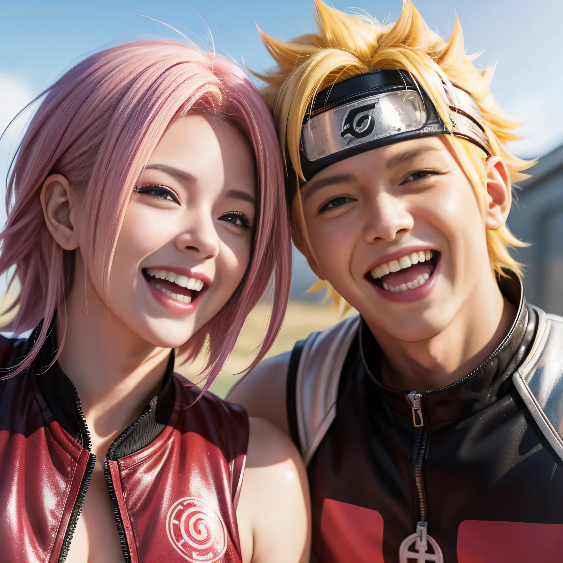 two anime characters are laughing and posing for a picture, naruto artstyle, sakura haruno, from naruto, haruno sakura, anime cgi style, realistic anime 3 d style, anime style. 8k, anime style 4 k, anime styled 3d, anime cgi, both laughing, loish and ross tran, naruto, artgerm and atey ghailan