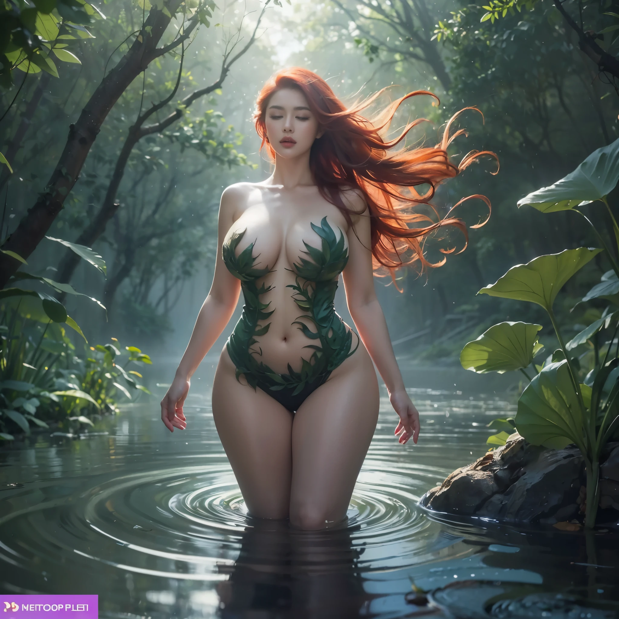 Best quality, masterpiece, meticulous detail, photorealistic, high res, full body shot of a hot beautiful busty botanical woman with perfect big breast (red hair, nude, completely naked, bare body) in the misty river woods, super big breast, big hips, big ass, long leg, sexy, seductive, flawless white skin, eyes closed