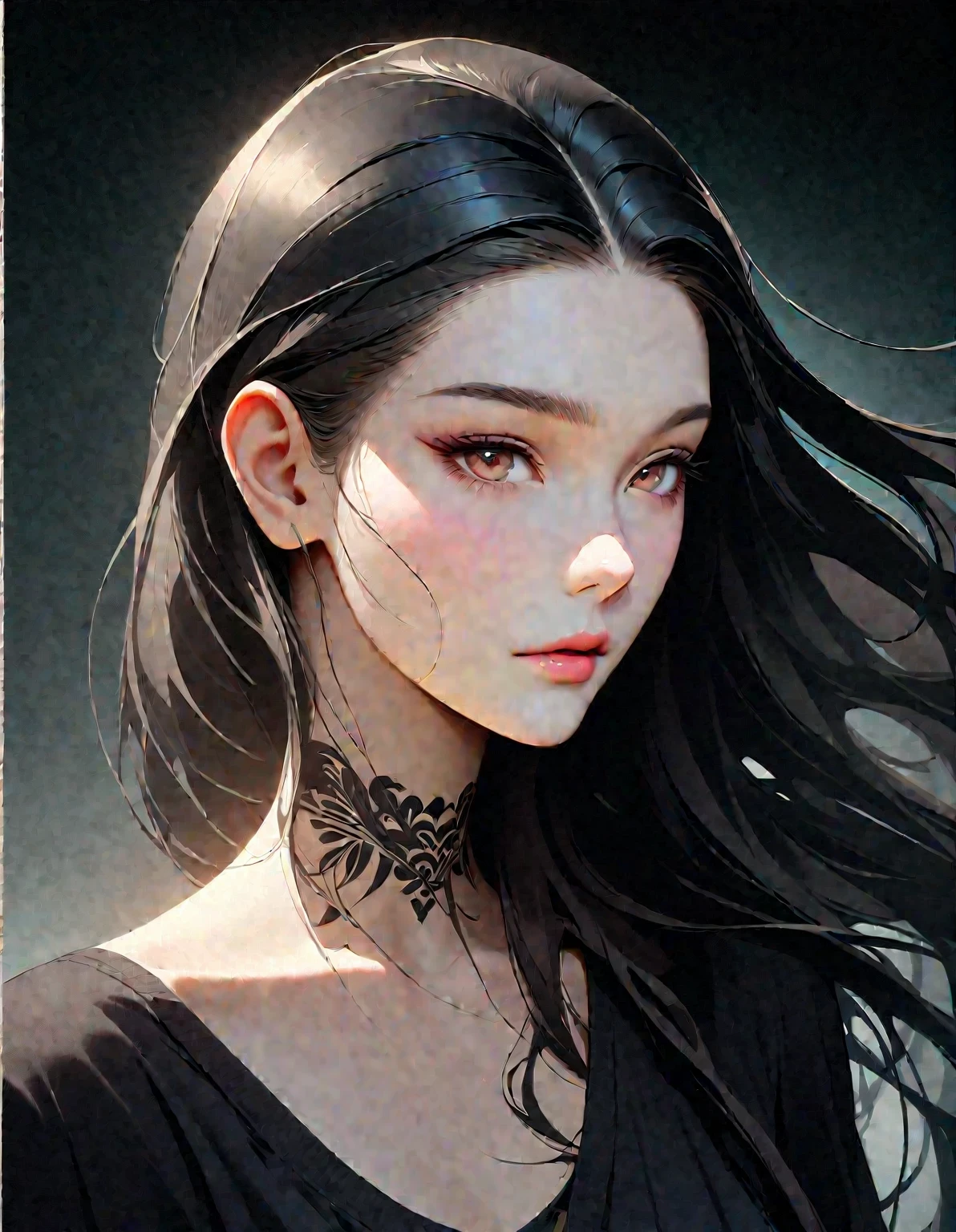 Close up of woman with tattoo on neck, long black hair，Black minimalist clothing，flowing hair，fair face，White and smooth skin，Foxy, slender, beautiful eyes，by Mei Qing, elegant digital art, A beautiful artistic illustration, author：Yang Jie, Beautiful digital illustrations, beautiful figure painting,Ultra HD clear，super high quality，