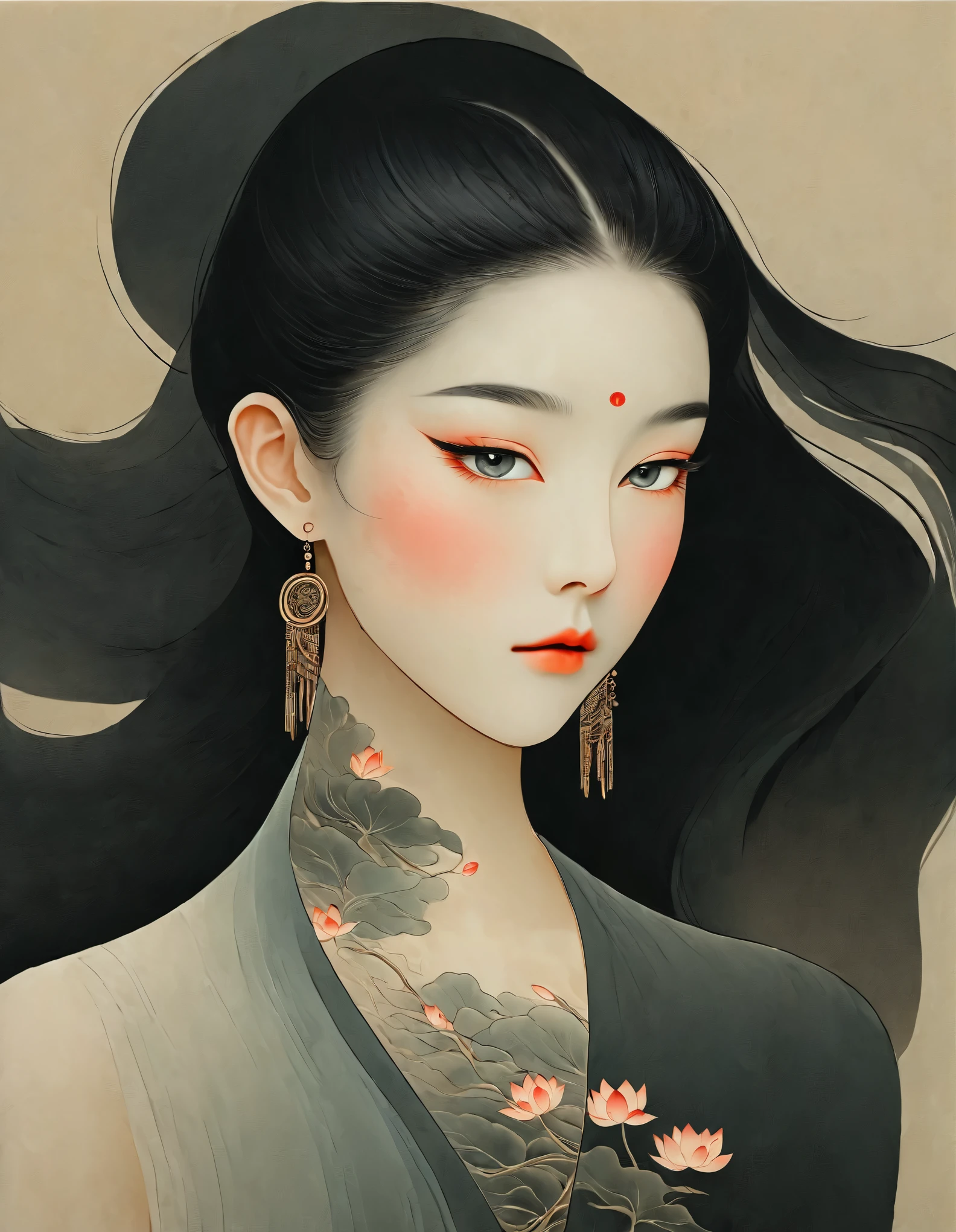 （Close up of woman with lotus tattoo on neck）, long black hair，Black minimalist clothing，Flowing hair vignette，fair face，Foxy, slender, beautiful eyes，by Mei Qing, elegant digital art, A beautiful artistic illustration, author：Yang Jie, Beautiful digital illustrations, beautiful figure painting, 