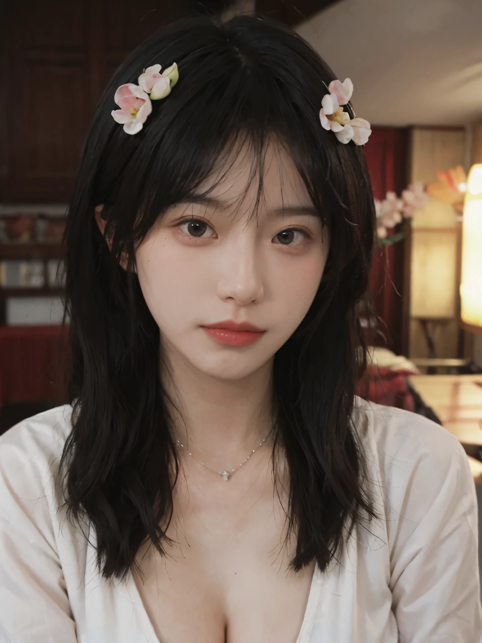 best quality, ultra high resolution, (realistically:1.4),cute hairpin,Baoyu Girl,Standing in the wedding hall,(flat chest:1.2) ,A pair of clear and charming peach blossom eyes,Royal sister,The sun shines on the face,Big wavy hairstyle,(necklace:1.2),(White skin:1.4),a sense of atmosphere,a beautiful girl,looking directly at the viewer, Close-up cleavage ,(lifelike:1.4),1 girl,Sexy,(Upper body:1.4),(wet),(:1.2)
