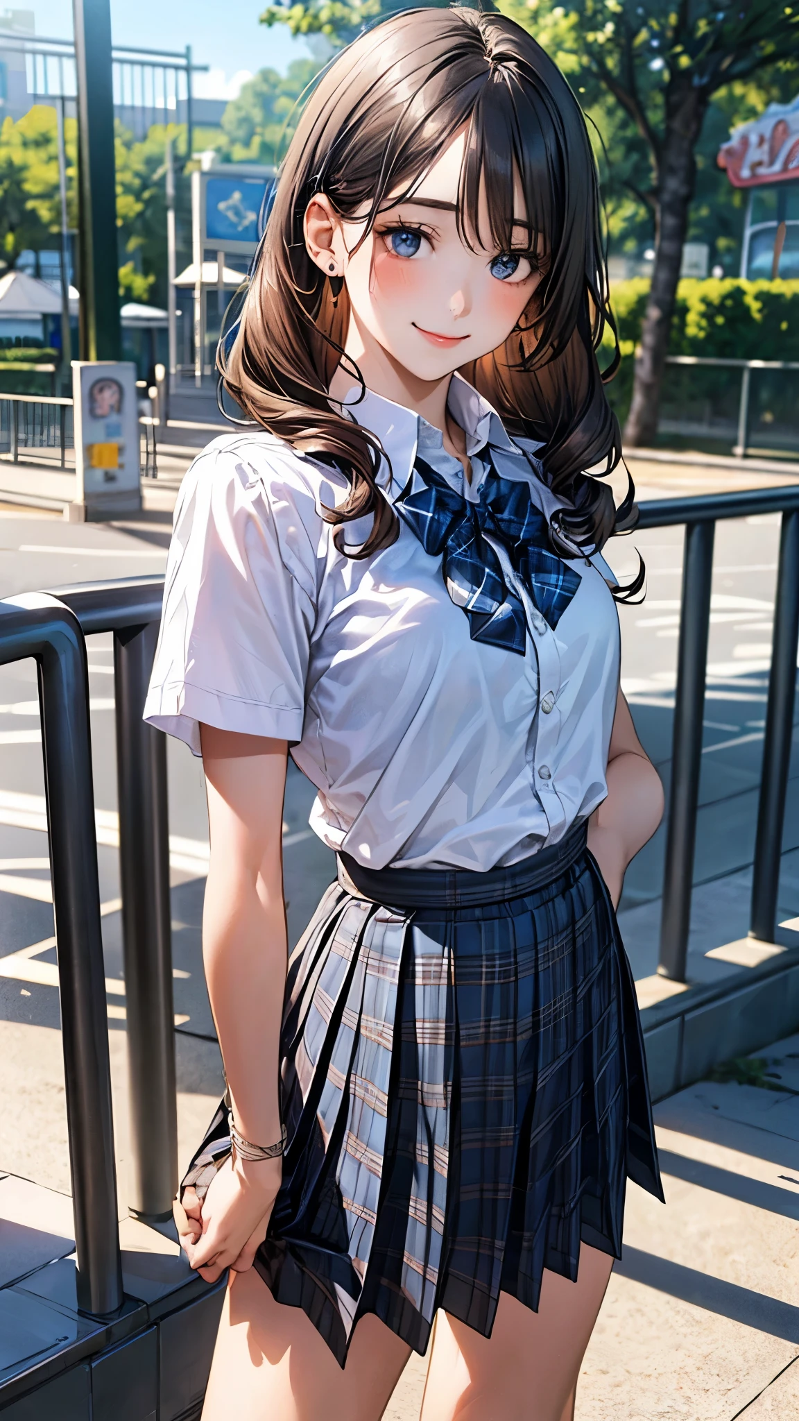 (masterpiece:1.2, top-quality), (realistic, photorealistic:1.4), beautiful illustration, (natural side lighting, movie lighting),
looking at viewer, full body, front view:0.6, 1 girl, japanese, high school girl, perfect face, cute and symmetrical face, , shiny skin,
(middle hair:1.2, twin drills:1.2, dark brown hair), crossed bangs, blue eyes, long eye lasher, (middle breasts),
beautiful hair, beautiful face, beautiful detailed eyes, beautiful clavicle, beautiful body, beautiful chest, beautiful thigh, beautiful legs, beautiful fingers,
((short sleeve white collared shirt, blue plaid pleated skirt, blue bow tie, black hair ribbon), wrist chouchou),
(beautiful scenery), amusement park, ferris wheel, (standing, skirt hold), (lovely smile, upper eyes),