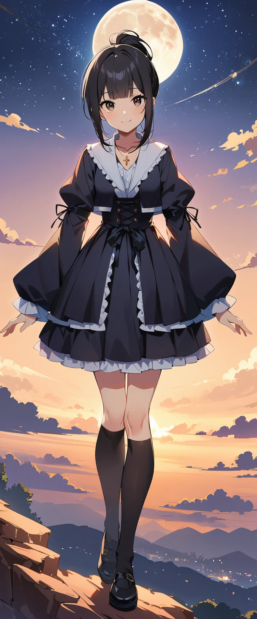 (((8K))), (((hight quality))), (((high-level image quality))), (((smile))), (((Black gothic lolita))), (((full moon))), (((hight quality starry sky background))), (((Black hair))), (((short ponytail))), (((Black eyes))), (((16 years old))), (((Black over knee socks))), (((blunt bangs))), (((cross necklace))),