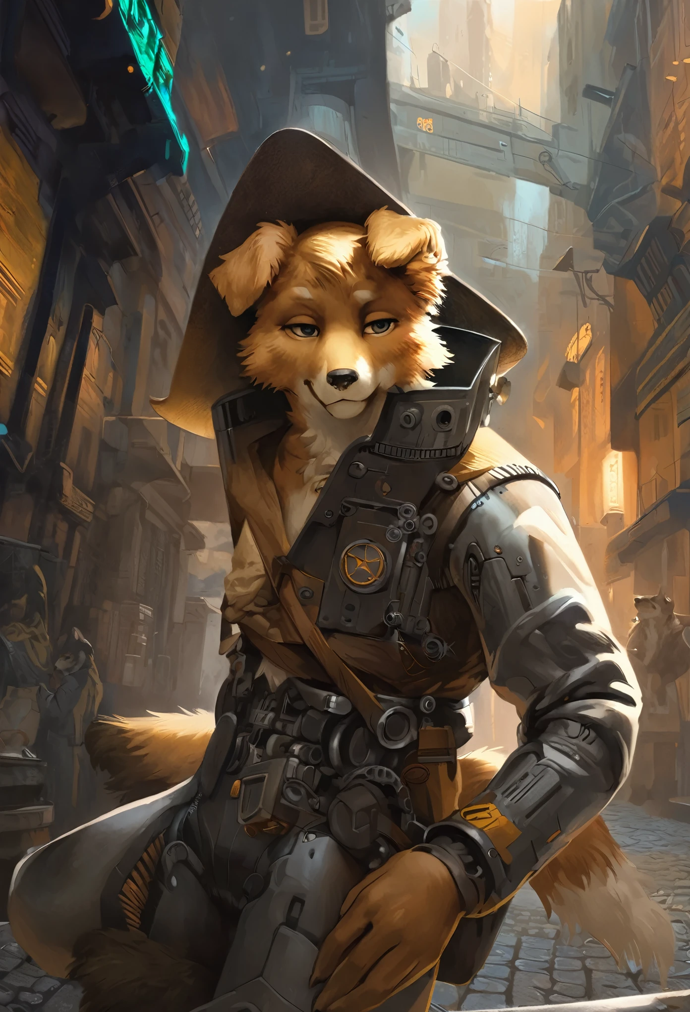 top quality, High-quality illustrations by Johannes Vermeer, masterpiece, Dark_Fantasy, Cyberpunk, steam punk(super handsome boy, single, kemono)Mechanical marvel, Robotic presence, Cybernetic guardian, wearing a worn-out mech suit, intricate(steel metal, rusty)(furry anthro:1.7)(Furry body, dog facial features, dog body features)elegant, clear focus, shot by greg rutkowski, soft lighting, vibrant colors, masterpiece((street))cowboy shot, dynamic pose,