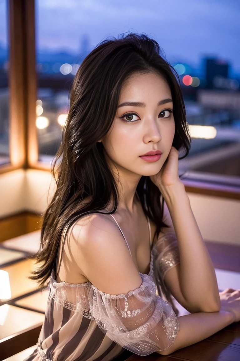 dark brown hair、light brown eyes、Japanese actress face、 lady、I'Iは彼とIが好きです'I'Iは40歳くらいです.、(intricate details:1.2)、(which one is the top?:1.4)、 (ultra high resolution:1.2)、ultra high resolution、(finely tuned)、(detailed facial features)、nffsw、8K resolution、D cup size breasts、long hair、rooftop bar、night view、luxurious space、relax、、,full body photo、head to toe shot、beautiful feet、camisole dress、beautiful feet、she, center of fashion, extreme details, very detailed, realistic, hourglass body, obscene pose,、、I cry a lot、tears、diagonally from below、raise your chin、put your butt against the wall、relaxした表情、Pose of Weakness、(auraroid photo:1.2)、from outside the window、Transparent painting masterpiece、8K、32k、highest quality、(Details of both eyes)、1 girl、elegant、(loose dress :1.4)、night view。(Low - Angle、looking up and looking at me:1.2)、Hilarious、look at the camera、
