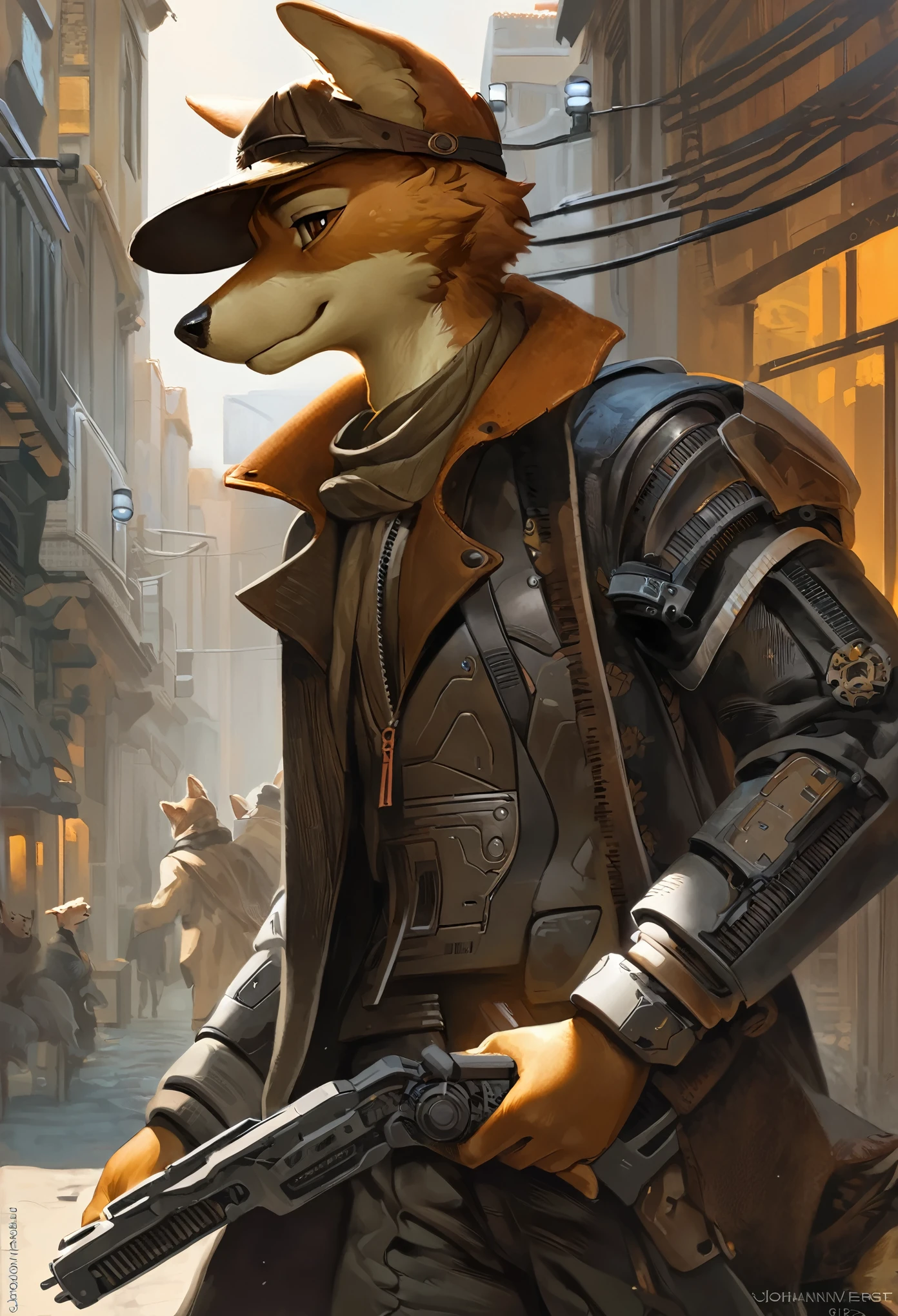top quality, High-quality illustrations by Johannes Vermeer, masterpiece, Dark_Fantasy, Cyberpunk, steam punk(super handsome boy, single, kemono)Mechanical marvel, Robotic presence, Cybernetic guardian, wearing a worn-out mech suit, intricate(steel metal, rusty)(furry anthro:1.7)(Furry body, dog facial features, dog body features)elegant, clear focus, shot by greg rutkowski, soft lighting, vibrant colors, masterpiece((street))cowboy shot, dynamic pose,