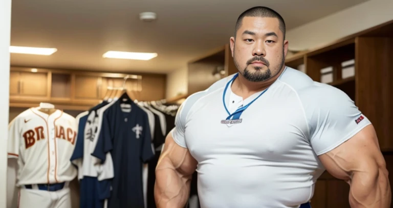 (wearing baseball uniform:1.4), (at club locker room:1.2), 40's, Japanese man, Chinese man, Korean man, Taiwanese man, manly face, fat face, (round face:1.4), (monolid eyes:1.2), (buzz cut:1.4), very large and strong body, bulky body, beefy muscles, (bulging muscles:1.4), (very large pectoral muscles:1.4), (muscular arms:1.4), muscular abs, muscular legs, muscular back, brightens oily skin, master piece, (realistic:1.4), panorama, distant view