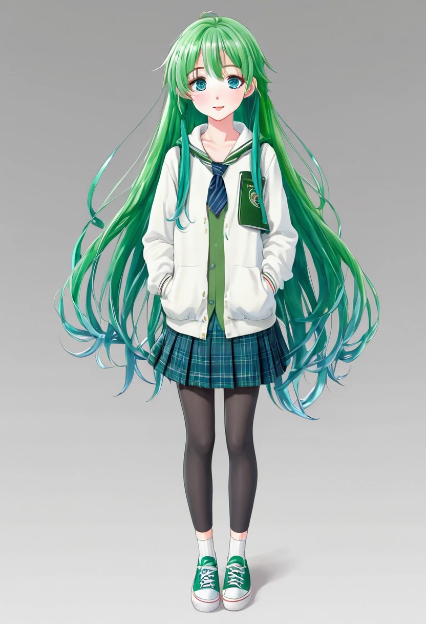 Anime girl with blue eyes, long green hair, and school clothes. A girl with soft, white skin, wearing school shoes. 