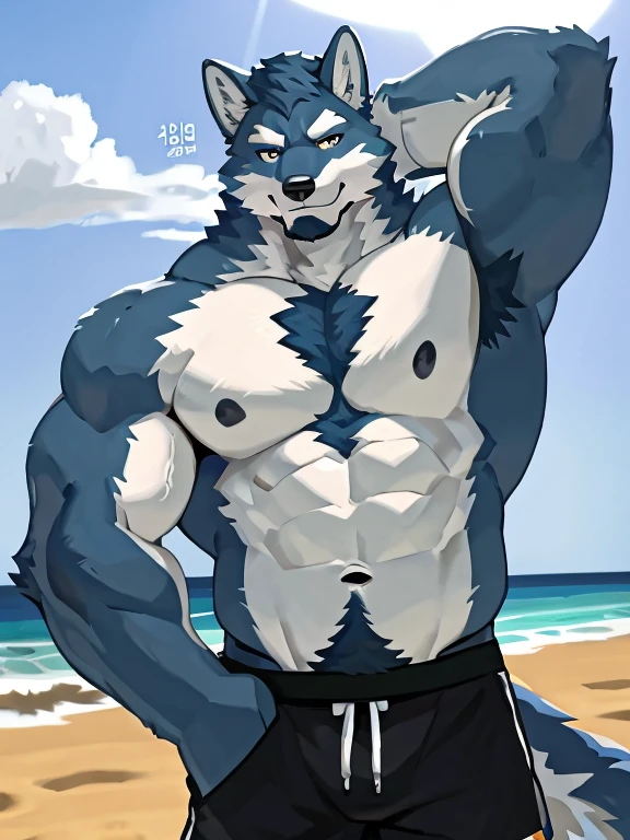 1 boy, solo, there is a blue wolf in a underwear, anthropology, wolf, hairy, blue and white fur, flex left arm muscles, korean muscle boy 2 , shirtless :: high detail, open v chest clothes, taken in 2 0 2 0, the super hot and sexy, the extremely hot and sexy, robust stocky body, 30 year old man :: athletic, taken in 2022, full scene shot ,selfie, beach, half body, flex muscle, arm behind head