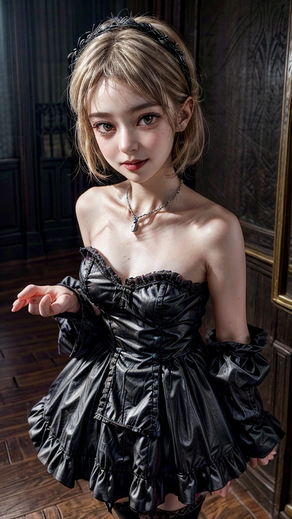 (8K, Photorealistic, Raw photo, of the highest quality: 1.3), (1girl in), Super beautiful, (Realistic face), (boyish, Silver Color Berry Shorthair), Beautiful , Glare that captivates the viewer, Beautiful expression, Beautiful breasts, (Realistic skin), Be...Super high quality, super high definition, super detailed, masterpiece, 20years old, female, cute, perfect face, beautiful, nice body, gothic ta clothes, gothic loliashion, frilly skirt, headdress, necklace, bracelet, knee-high socks, boots, double eyelids, tear bags, Detailed down to the fingers, photo-like description, indoors, dim indoor lighting, blonde hair, short bob, standing, whole body, composition that shows the whole body, smiling
