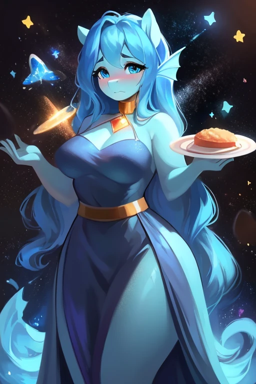 ""((thicc and curvy)), ((no fish)) ((solo girl)) ((better quality)), full body, anthrophomorphic female ((Pony)), blue tiffany skin, dark blue eyes pulpils, shy expression, long blue hair, goddess marine blue long dress, plate belt, plate braces, medium blue socks, golden collar, floating (((space background)))