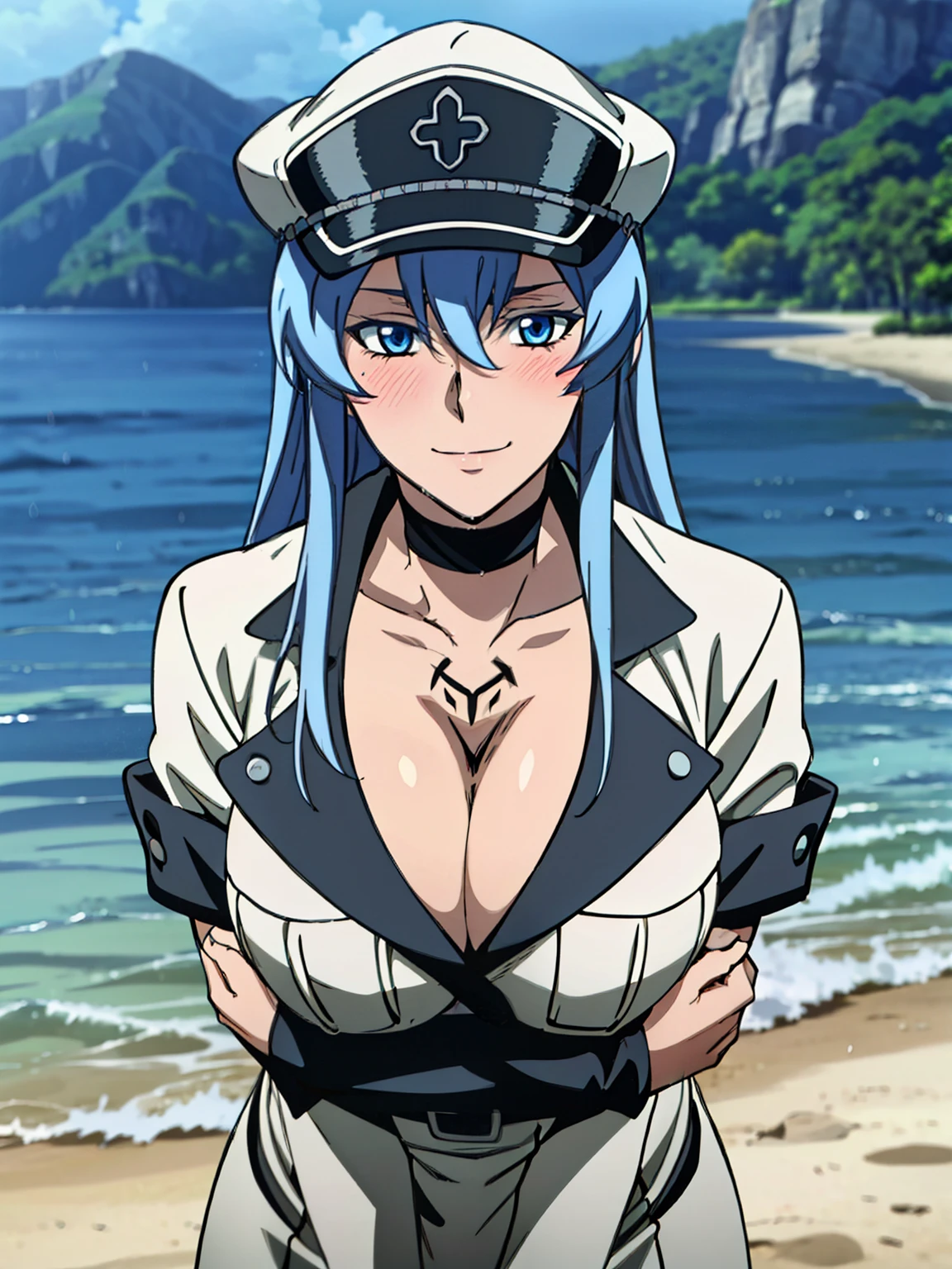 (raining), (heavy rain), under the tree, standing pose, cleavage, choker, (military_uniform), wet uniform, peaked_cap, chest_tattoo, beach background, esdeath, anime cels style, best quality, high resolution, 1girl, (huge breasts:1.2), mature women, blue hair, long hair, blue eye, blue eyebrow, beautiful face, (cowboy shot), looking at viewer, smiling, blushing