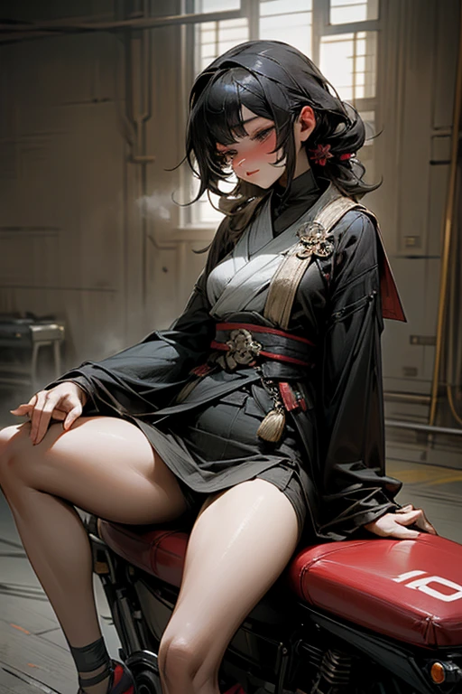 a beautiful young woman sitting on top of a bike, a picture, shin hanga, large breasts size, white miniskirt, very very very realistic