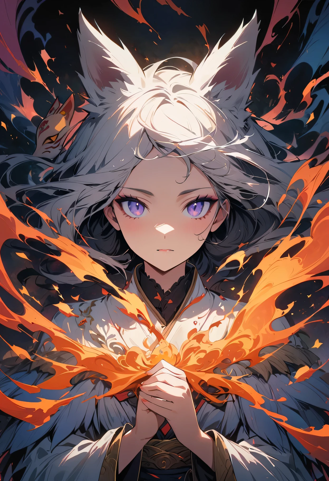 1 girl,alone,, official art, unified 8k wallpaper, Super detailed, fair and aesthetic, fair, masterpiece, best quality,, fox demon, fox mask, Feather jacket, foxfire spell, familiar fox, Transformation,