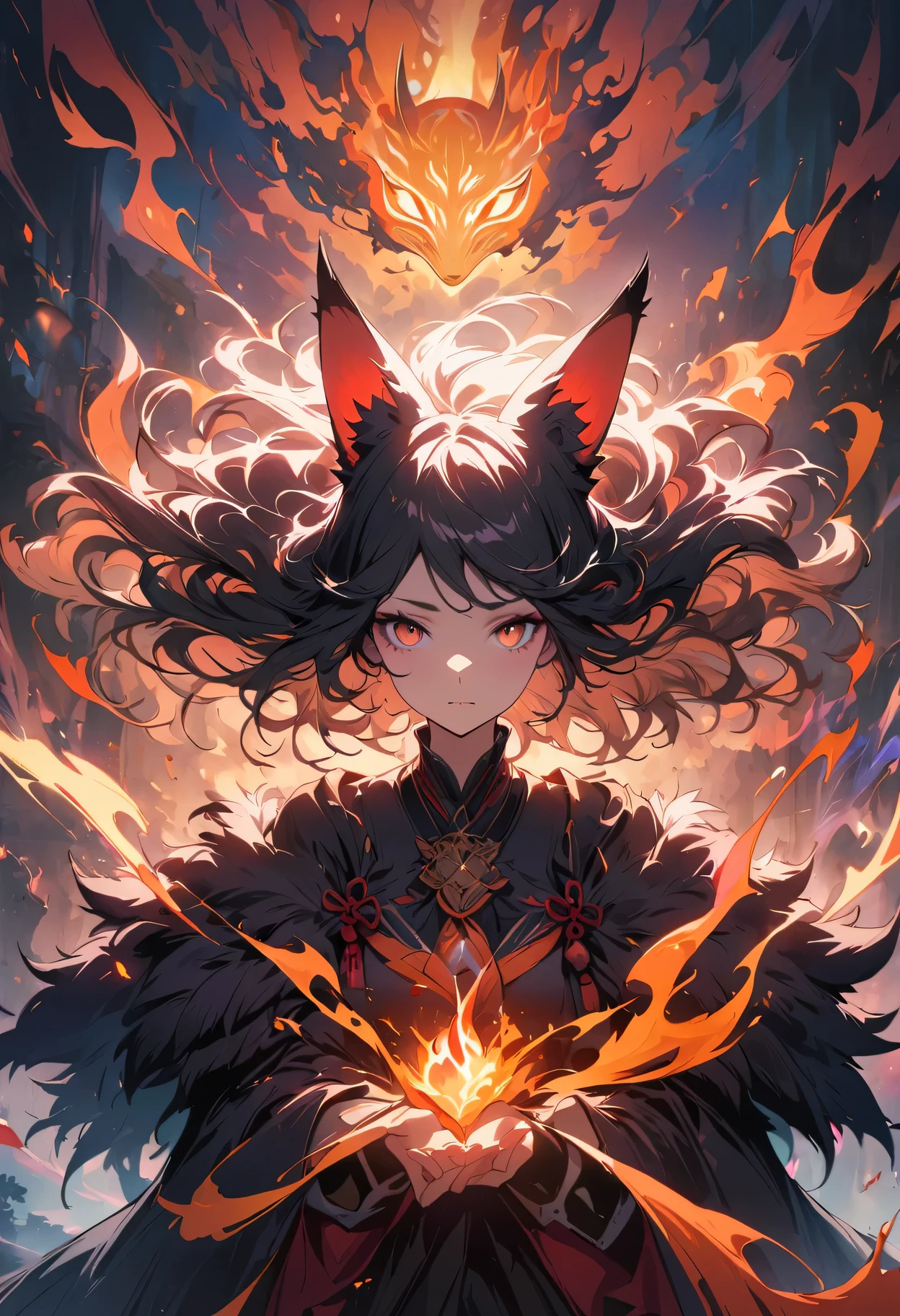 1 girl,alone,, official art, unified 8k wallpaper, Super detailed, fair and aesthetic, fair, masterpiece, best quality,, fox demon, fox mask, Feather jacket, foxfire spell, familiar fox, Transformation,