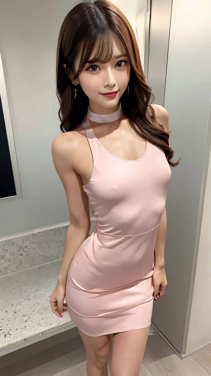 lady 1people,(full body figure:1.2),(nine heads and bodies:2.0), small butt,(thin thighs),(long and thin legs: 2.0),(Knees Stretch:2.0),stand with legs closed,(height 2/3 is the leg:2.0), (light cherry color pumps:1.2), (Tight casual dress made of light cherry color silk :1.3), light cherry color choker,Transparent white glossy skin, 25 years old, cute sexy little face, light red lips, parted lips, sexy face, sexy young woman, light brown straight hair, Asian eyes, Beautiful smile, Medium chest, slender body shape, tight waist, beautiful hands, thin shoulders, look at the audience, standing position, bamboo forest morning