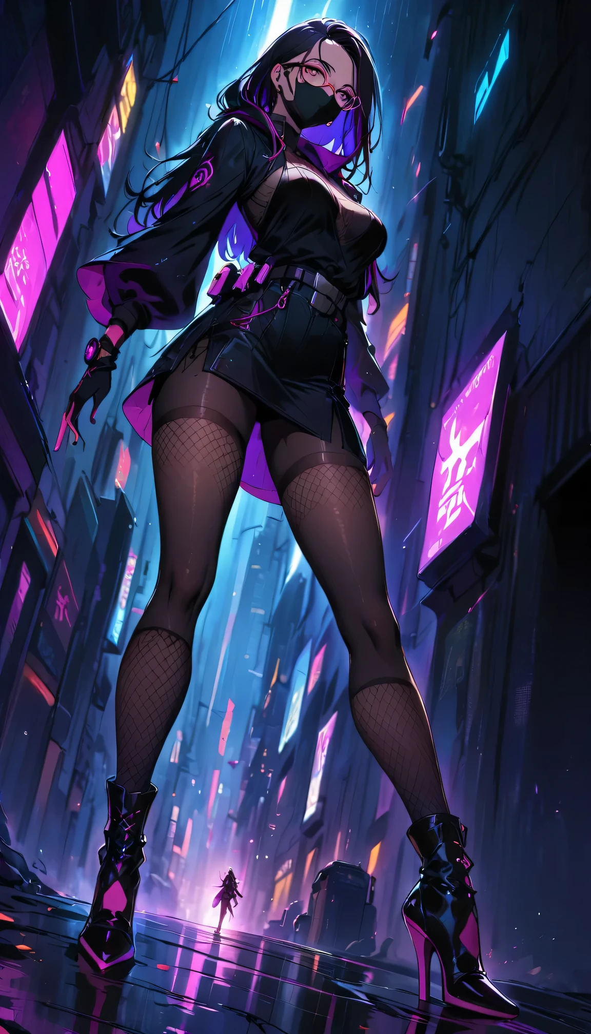 Cyberpunk female ninja，(face mask)，long hair，beautiful detailed face，(Glasses)，stylish shoes，Neon-lit cityscape，futuristic gadgets，Stylish cybernetic enhancements，belt，(Hanging high-tech dagger)，Black leather tights，Hooded tactical cape，fishnet stockings，Shadows and reflections，Heavy rain and steamy alley，medium：cartoon，studio lighting，Vibrant colors，Defocused