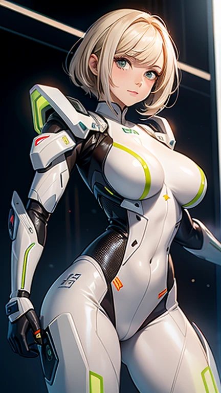 Beautiful white female tomboy piloting giant white luxurious advanced mech-suit taller than skyscrapers, (De baixo:1.4), (De quatro:1.4), dossel aberto, tight shiny black latex outfit, pixie-corte, rosto de enquadramento de cabelo, franjas longas, suado, early in the morning, Poor lighting, nublado, Seios grandes, (:0.9), cintura muito estreita, quadris largos, dynamic pose, dynamic angle